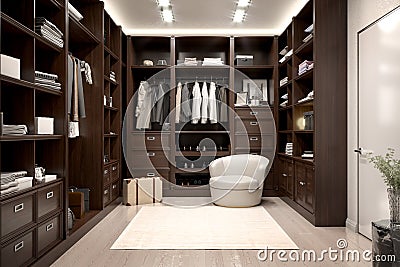 Beautiful wood horizontal wardrobe and walk in closet. Cartoon Illustration