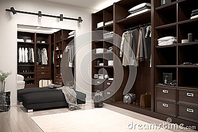 Beautiful wood horizontal wardrobe and walk in closet Cartoon Illustration
