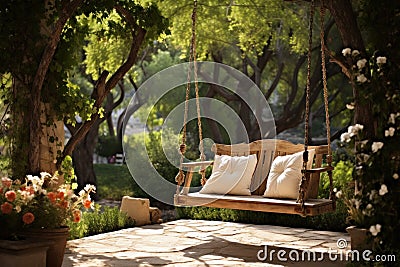 Beautiful wood swing backyard. Generate Ai Stock Photo