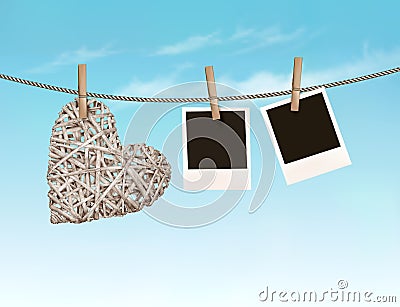 Beautiful wooden heart with photos hanging on a rope. Vector Illustration