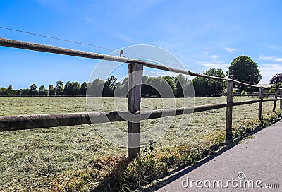 Beautiful wooden horse fence at an agricultural field Stock Photo