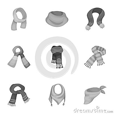 .Beautiful woolen, silk-colored warm scarves of shawls. scarves and shawles icon in set collection on monochrome style Vector Illustration