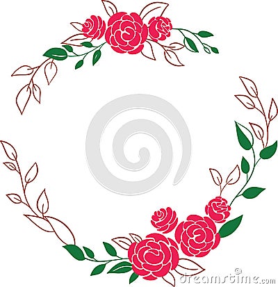 Beautiful wreath. Elegant floral frame isolated with pink flowers and leaves, hand drawn digital vector illustration Cartoon Illustration