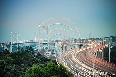 Beautiful xiamen haicang bridge in nightfall Stock Photo