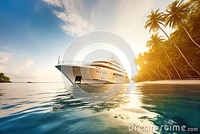 Beautiful yacht against the backdrop of tropical island with palms at sunset in the evening sky. Created with generative Ai Stock Photo