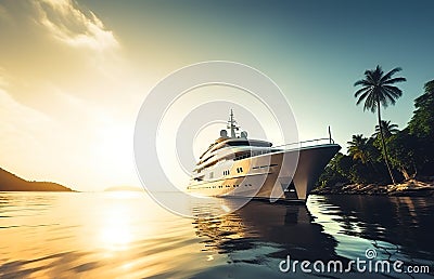 Beautiful yacht against the backdrop of tropical island with palms at sunset in the evening sky. Created with generative Ai Stock Photo