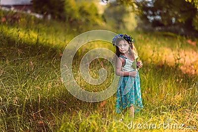 Beautiful 5 years old girl in wreath from cornflowers knapweeds in summer on meadow in blue dress in sunset light. Close to nature Stock Photo