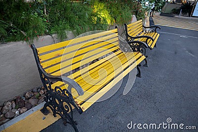 Beautiful yellow chairs in a park. Cool Sitting area Stock Photo