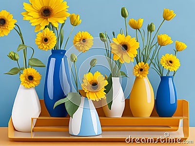 Beautiful yellow flower blooms vibrantly in a colorful vase, adding a burst of joy and warmth to any space Stock Photo