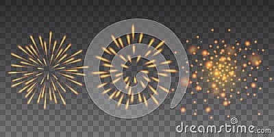 Beautiful yellow glittering fireworks Happy New Year collection on transparent background Vector Illustration