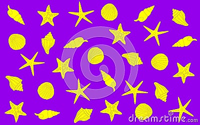 Yellow seashells and starfishes on a purple background Vector Illustration