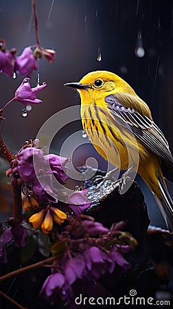 Beautiful Yellow Warbler In A Purple Flowering Tree Blurry Background Stock Photo