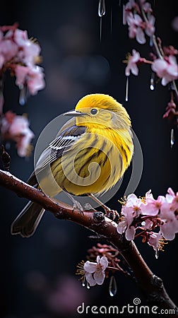 Beautiful Yellow Warbler In A Purple Flowering Tree Blurry Background Stock Photo