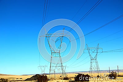 Beautiful yellow weeds field scenery with electric tower in Nevada, route 66 in USA Stock Photo