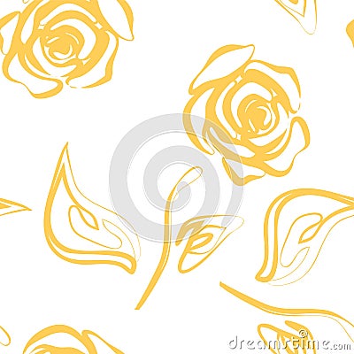 Beautiful yellow and white seamless pattern in roses with contours. Hand-drawn contour lines and strokes. Perfect for background Vector Illustration