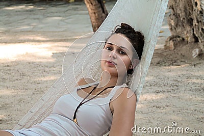 Beautiful youn girl in relax on hammock Stock Photo