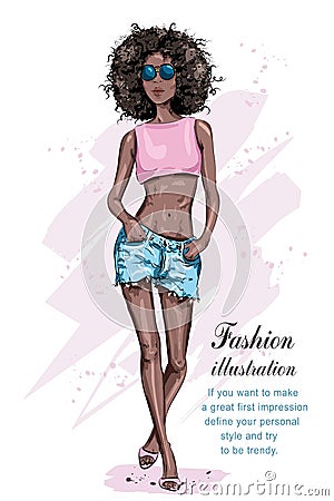 Beautiful young African American woman with an afro hairstyle. Vector Illustration