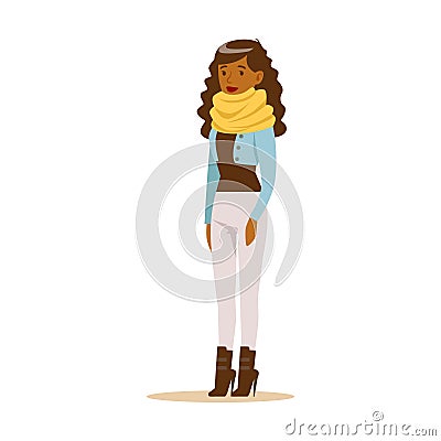 Beautiful young African American woman with curly long hair in casual clothes. Colorful cartoon character vector Vector Illustration