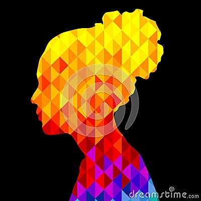Beautiful young african american woman makes of bright multicolored low poly triangles, silhouette in profile Cartoon Illustration