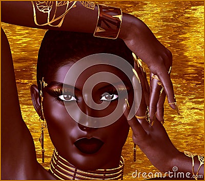 A beautiful young African woman wearing gold jewelry against a gold abstract background. A unique digital art creation of Stock Photo