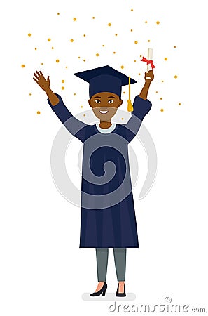 Beautiful young afro american graduate holding diploma with confetti. Cartoon vector character illustration on white background. Vector Illustration