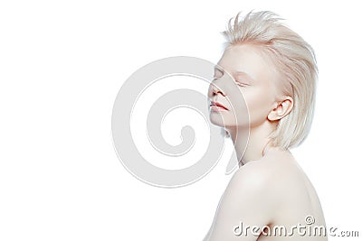 Beautiful albino girl on white background Stock Photo