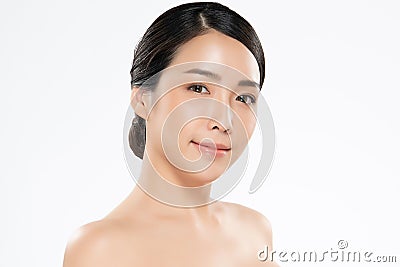 Beautiful Young Asian Woman with Clean Fresh Skin. Face care, Facial treatment, on white background, Beauty and Cosmetics Concept Stock Photo