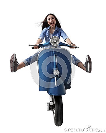 Beautiful young Asian woman riding a motorcycle Stock Photo