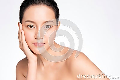 Beautiful Young asian Woman touching her clean face with fresh Healthy Skin, isolated on white background, Beauty Cosmetics and Stock Photo