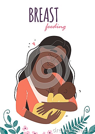 Beautiful young black mother breastfeeds her baby. A woman hugs a baby and feeds it with breast milk. Vector Illustration