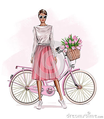 Beautiful young blond hair girl standing near bicycle. Fashion girl. Pretty woman in skirt. Girl in pink fluffy tulle skirt. Cartoon Illustration
