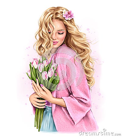 Beautiful young blond hair woman holding tulips. Fashion girl. Fashion illustration Cartoon Illustration