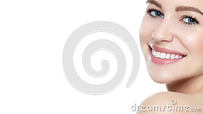 Beautiful young blond smiling woman with clean skin, natural make-up and perfect white teeth, on white background Stock Photo