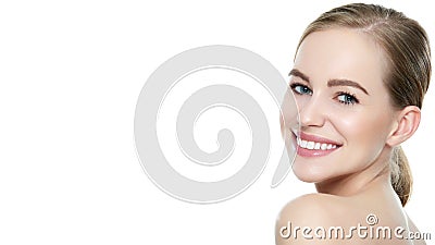 Beautiful young blond smiling woman with clean skin, natural make-up and perfect white teeth Stock Photo