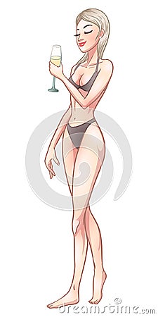Beautiful young blond woman in swimsuit holding champagne glass. Beach party pin-up girl, summer holidays. Vector comic Vector Illustration