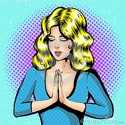 Vector of young girl with magnificent light hairs during prayer. Illustration of praying girl Vector Illustration