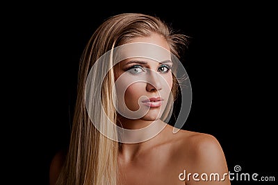 Beautiful young blonde green eyes woman with long straith health Stock Photo