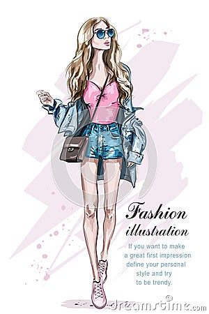 Beautiful young blonde hair woman with bag. Hand drawn fashion girl. Vector Illustration