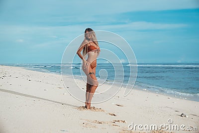 A beautiful young blonde is about to swim, she turned from the sea to the sand to make sure that she did not forget Stock Photo