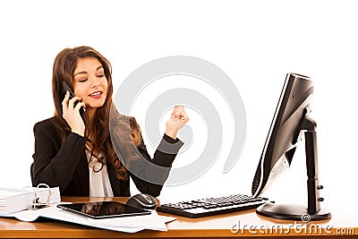 Beautiful young brunette business woman talks on smart phone over white background Stock Photo