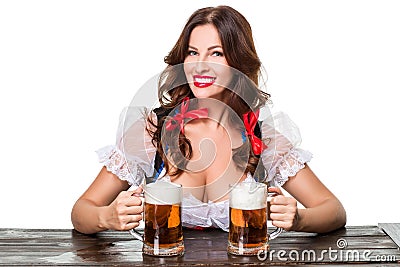 Beautiful young brunette girl of oktoberfest beer stein Stock Photo