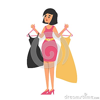 Beautiful young brunette woman choose dress in the shop Stock Photo