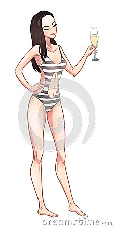 Beautiful young brunette woman in swimsuit holding champagne glass. Beach party pin-up girl, summer holidays. Vector comic Vector Illustration