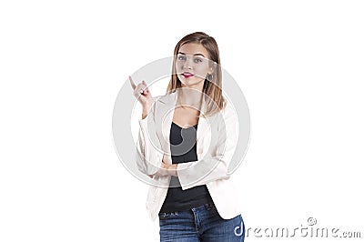 Beautiful young businesswoman wearing a jacket, jeans, forefinger, gesture Stock Photo