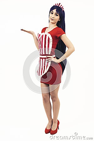 Beautiful Young Caucasian Brunette Sailor Mars Having Her Hand Out And Teasing White Background Full Studio Shot Stock Photo