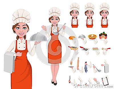 Beautiful young chef woman, pack of body parts, emotions and things. Vector Illustration