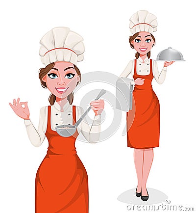 Beautiful young chef woman. Pretty cook lady Vector Illustration