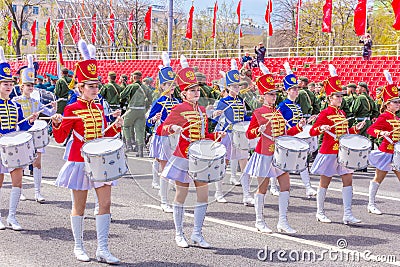 Beautiful young drummers in the form of hussars at the victory parade Editorial Stock Photo