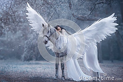 Beautiful, young elf, walking with a unicorn. She is wearing an incredible light, white dress. The girl lies on the horse. Sleepin Stock Photo