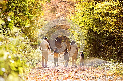 Beautiful young family on a walk in autumn forest. Stock Photo